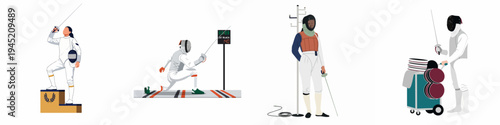 Collection of fencing vector illustrations featuring athletes in action, on a winner's podium, and with professional equipment, set against a white background.
