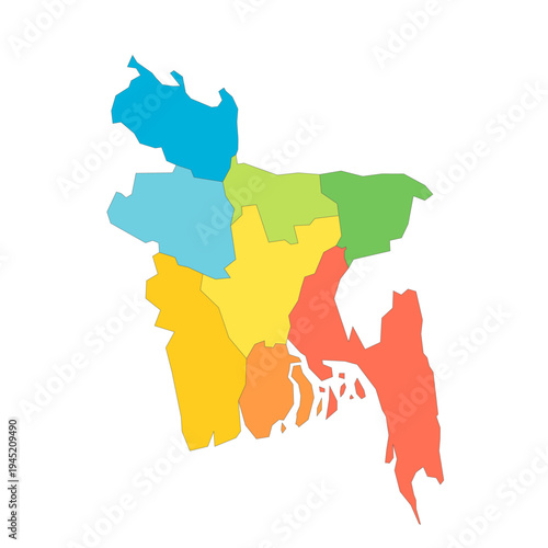 Bangladesh political map of administrative divisions - divisions. Rainbow spectrum colorful blank vector map.