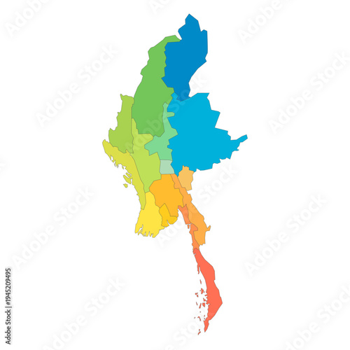 Myanmar political map of administrative divisions - states, regions and Naypyitaw Union Territory. Rainbow spectrum colorful blank vector map.