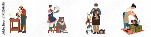 Set of illustrations depicting various taxidermists at work, preserving and mounting wild animals and birds in their studio workshops.