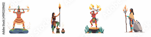 Set of diverse indigenous tribal characters performing rituals with fire torches and wearing traditional clothing, isolated on a white background.