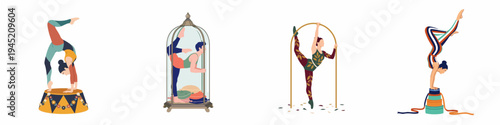 Collection of diverse circus performers and acrobats demonstrating flexibility, balance, and artistic skills in various stylized poses on a white background.