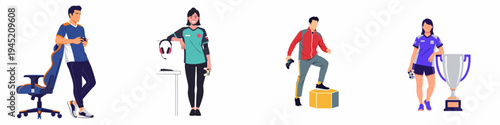 Set of Professional Esports Gamer Characters with Gaming Equipment and Champion Trophy