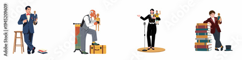 Flat vector illustrations of various ventriloquists featuring men, a woman, and a child performing with wooden puppets on a white background.