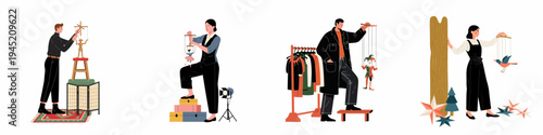 A series of flat illustrations featuring various puppeteers performing with different types of marionette puppets against a white background.