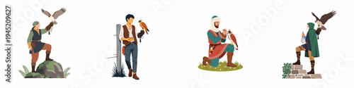 Illustrations of diverse characters practicing falconry with hawks and eagles in various historical and traditional outfits isolated on a white background