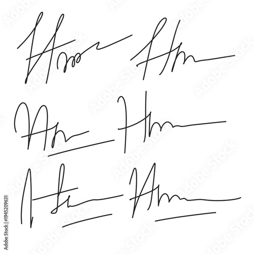 Set of different fake autographs and signatures, mimicking authenticity for certificates, letters or documents, featuring handcrafted doodles and scribbles, vector illustration in eps 10.