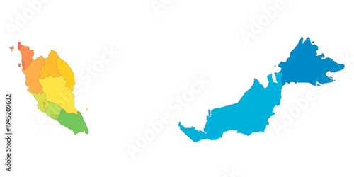 Malaysia political map of administrative divisions - states and federal territories. Rainbow spectrum colorful blank vector map.
