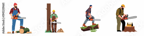 Set of flat illustrations featuring lumberjacks in plaid shirts and overalls using chainsaws for timber harvesting and woodworking activities.