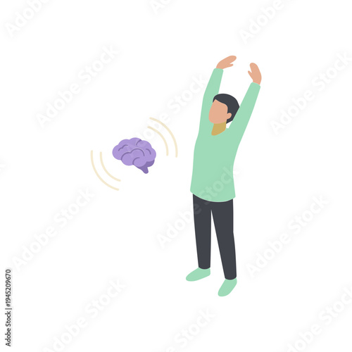 A man throws his arms up in frustration as a brain floats away.