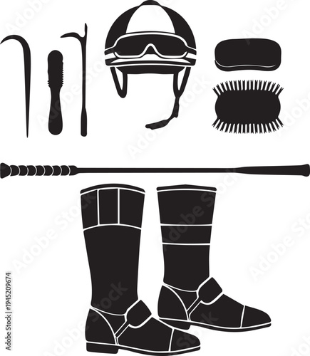 Collection of horse racing jockey equipment illustration vector silhouette