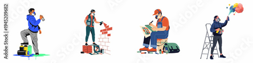 Set of diverse graffiti artists working with spray paint and sketches, featuring urban street art culture characters in a flat illustration style.