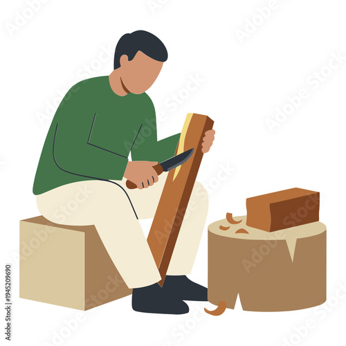 A man is carving wood with a knife while sitting on a box outdoors.
