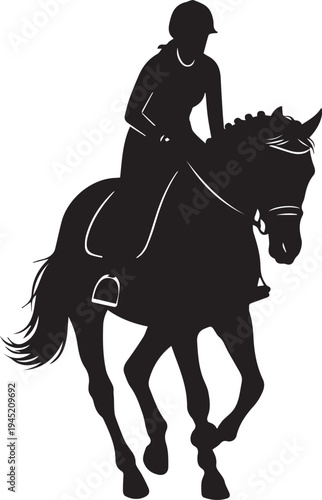 Female equestrian on horse, horsewoman riding dressage event vector silhouette