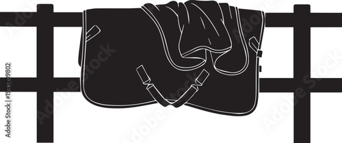 Horse blanket hanging on wooden fence silhouette vector illustration line art equine gear