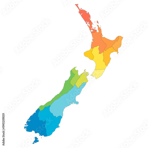 New Zealand political map of administrative divisions - regions. Rainbow spectrum colorful blank vector map.