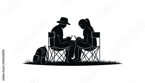 A black silhouette of a couple sitting in camping chairs outdoors