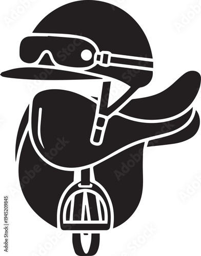 Jockey helmet with goggles and saddle silhouette vector illustration line art racing icon