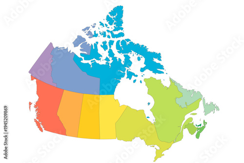 Canada political map of administrative divisions - provinces and territories. Rainbow spectrum colorful blank vector map.