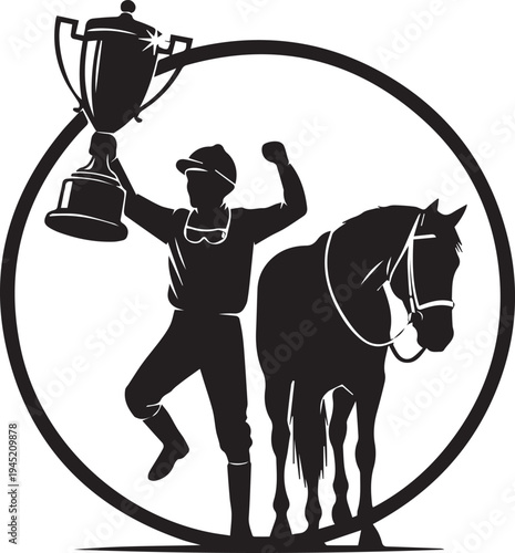 Jockey silhouette celebrating with trophy and horse vector illustration inside round frame