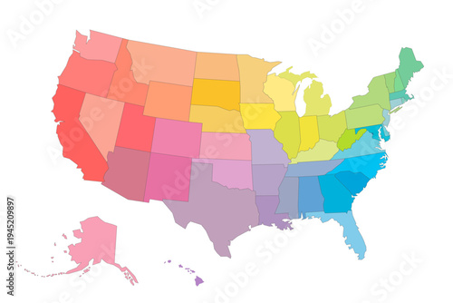 United States of America political map of administrative divisions - states and federal district Washington, D.C. Rainbow spectrum colorful blank vector map.