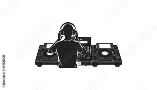 A DJ silhouette icon illustration with a mixer and headphones on