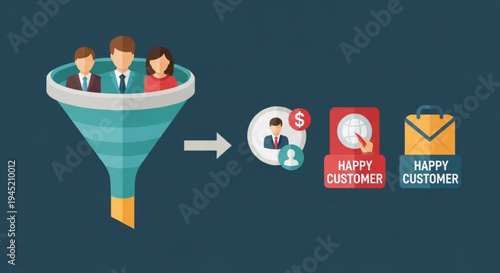 Customer acquisition funnel with happy clients and targeted marketing strategy