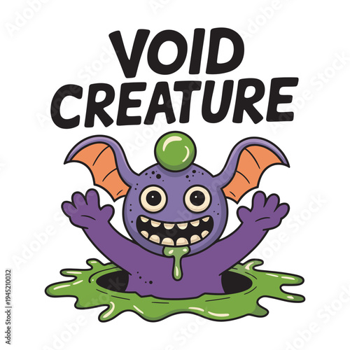 Void creature, cartoon monster emerging from portal, happy spooky character design