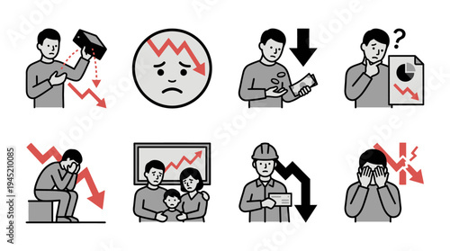 Economic Crisis Emotion Icon Set with Worried People Financial Stress Job Loss Debt and Market Recession Concept