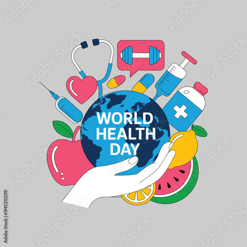 World Health Day Concept Illustration with Medical Icons, Healthy Food, and Fitness Elements