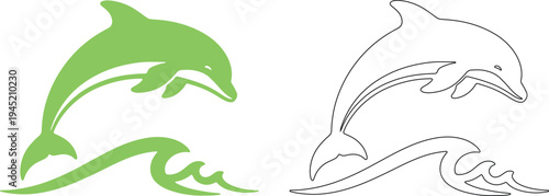 Green dolphin jumping out of water silhouette black