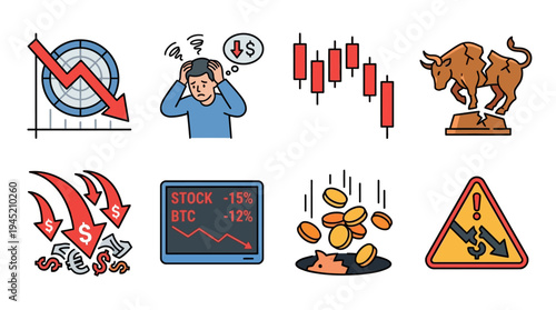 Economic Crisis and Market Crash Icon Set with Falling Charts Bear Market Inflation Recession and Financial Loss Concept