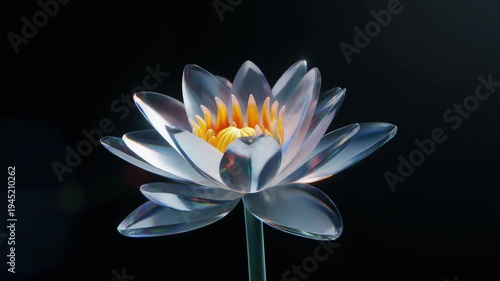 A translucent glass lotus flower with a glowing yellow center on a dark background, showcasing delicate artistry.