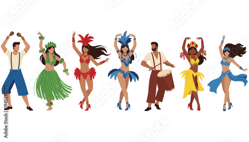 Hula dancer vector illustration set in various colorful traditional costumes dancing