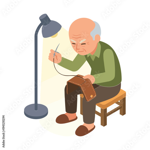 An elderly man sits on a stool sewing a bag under a standing lamp indoors.