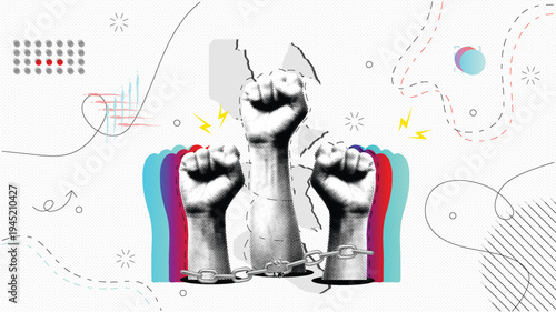 Raised Protest Fists Breaking Chains Through Wall Symbolizing Freedom, Resistance and Revolution – Abstract Halftone Collage Activism Poster