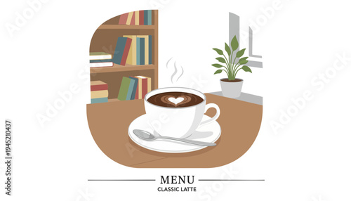 A classic latte coffee cup illustration on a wooden table