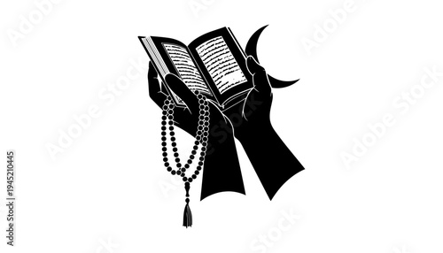 A priest silhouette holding a holy book and prayer beads icon