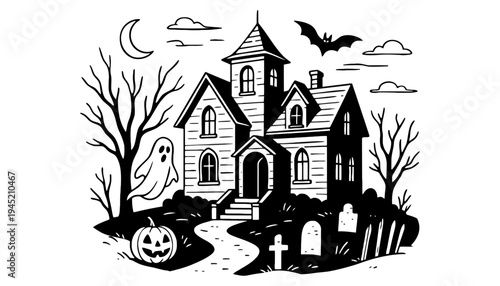 A spooky haunted house vector illustration with a ghost and pumpkin