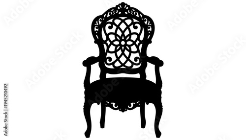 A chair silhouette with intricate design and ornate details stands alone