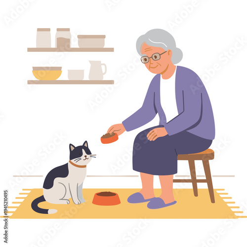 Elderly woman sitting on stool feeding black and white cat indoors