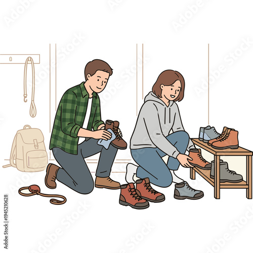 Couple preparing hiking boots together indoors at home