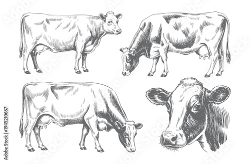 Collection of farm cows illustrated in vintage ink engraving line art. Engraved farm cattle drawings isolated on white background.