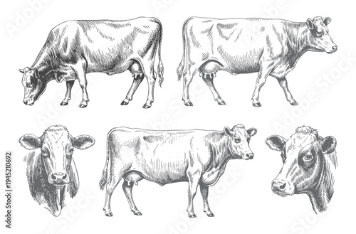 Collection of farm cows illustrated in vintage ink engraving line art. Engraved farm cattle drawings isolated on white background.
