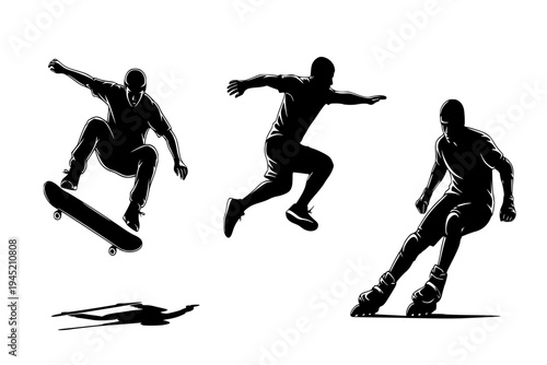 Urban Sports Set Skateboarder Parkour Runner Rollerblader Action Silhouette Collection Black Vector Icon