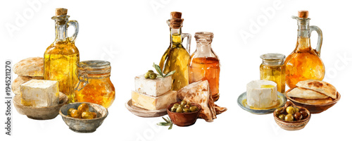 Mediterranean food still life with olive oil, feta cheese, olives, and pita bread, showcasing a traditional healthy diet and culinary ingredients in watercolor