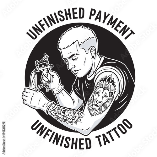 Tattoo artist holding machine illustration with unfinished payment text typography