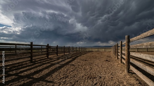 Dramatic storm clouds over deserted ranch corral with wooden fencing and shadow patterns under dark sky