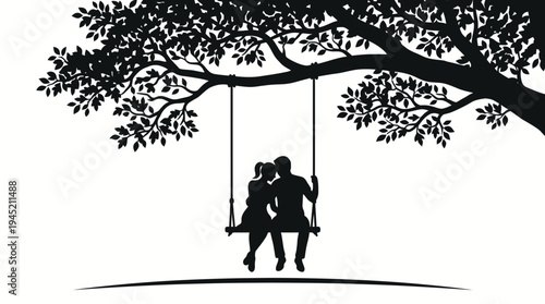 Silhouette of a Romantic Couple Sitting on a Tree Swing