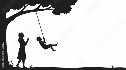 Silhouette of a Mother Watching her Child on a Tree Swing
